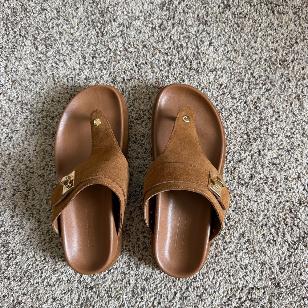 Steve Madden Tan Suede Slide Sandals with Gold Hardware